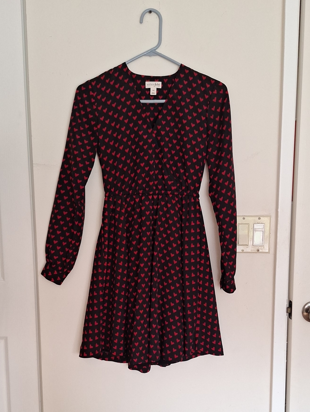 Maison Jules Black Long-Sleeve Wrap Dress with Red Heart Print Xxs